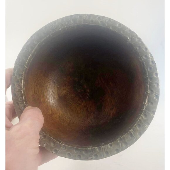 Rustic Accent Wood Bowl with Applied Silver Metal Hammered Rim Artistic  5 1/2" - Picture 6 of 8